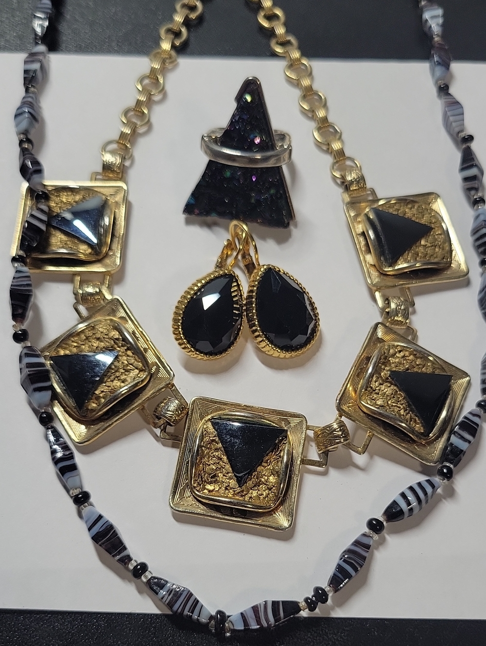 Gold-Tone Black Stone Teardrop Earrings and Statement Necklace Set